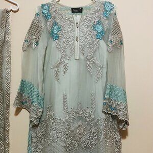 3 Piece Formal Pure Chiffon & Silk Sky Blue Suit - Pakistani/Indian